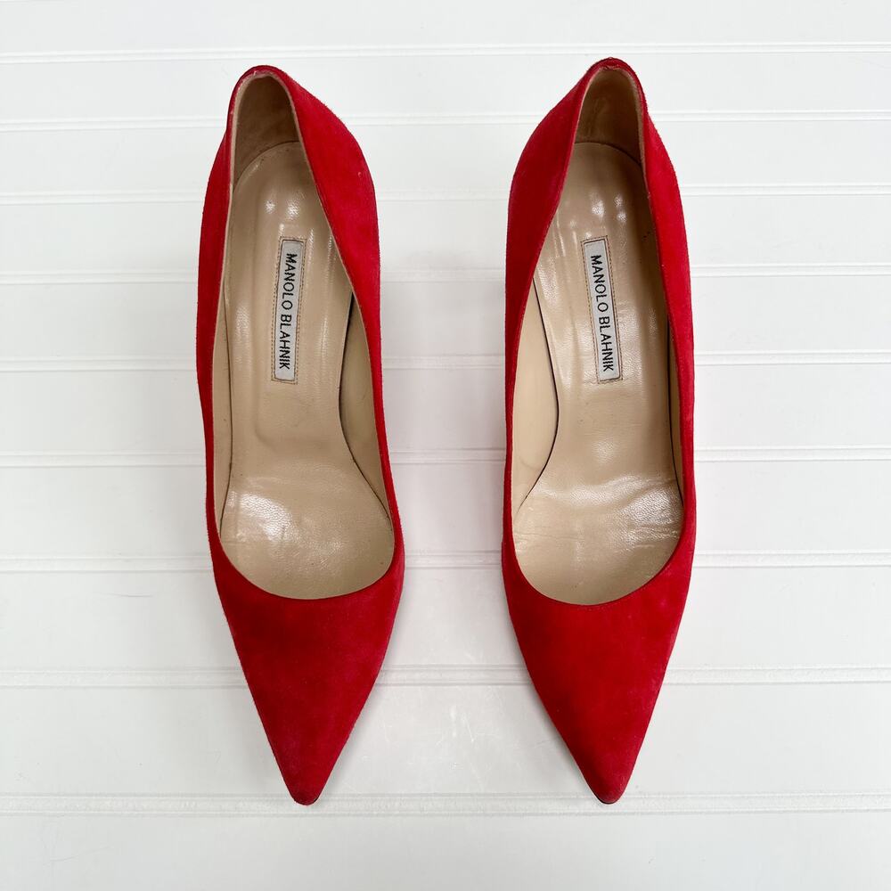 Manolo Blahnik Red Suede Pointed-Toe Pumps